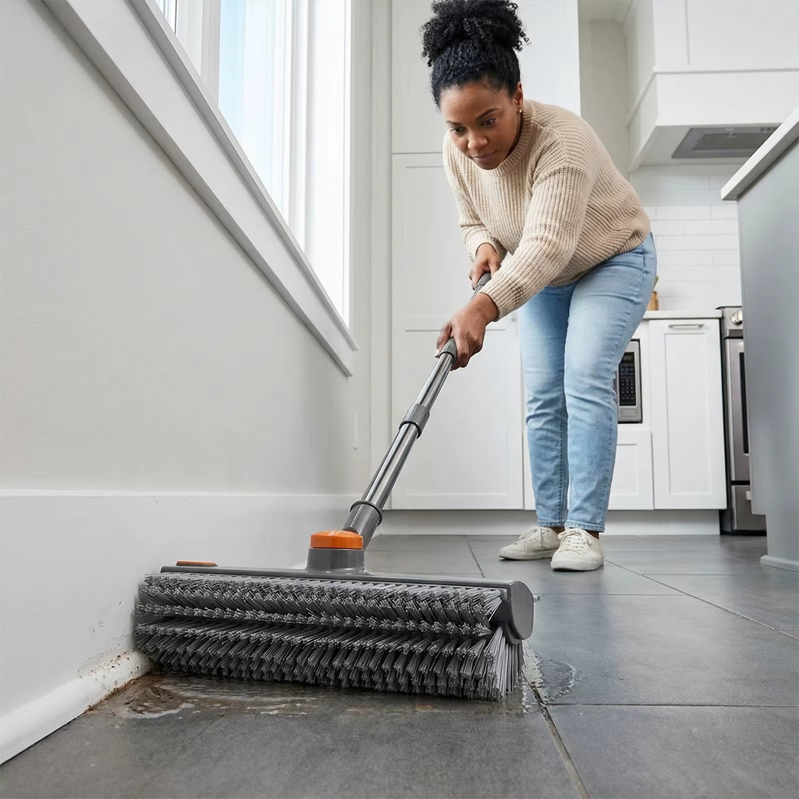 Ultimate 3-in-1 Floor Scrub Brush: Versatile Long Handle Grout Cleaner with Stiff Bristles and Scraper for Effortless Kitchen and Bathroom Cleaning